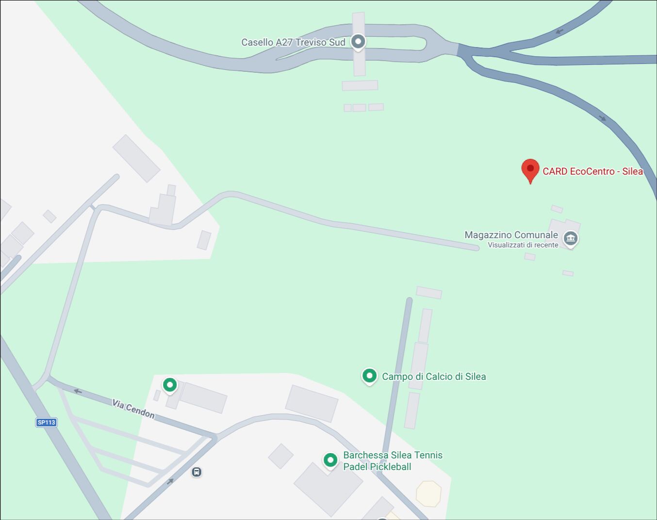 Mappa della zona di Silea con il pin sulla sede del CERD, accanto al Casello A27 Treviso Sud