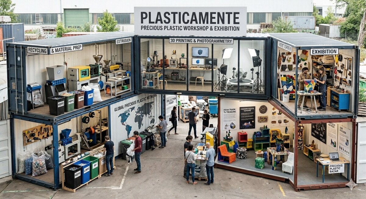 Rendering concettuale di un workshop Precious Plastic in container marittimi: aree dedicate a riciclo, estrusione, stampa 3D ed esposizione.